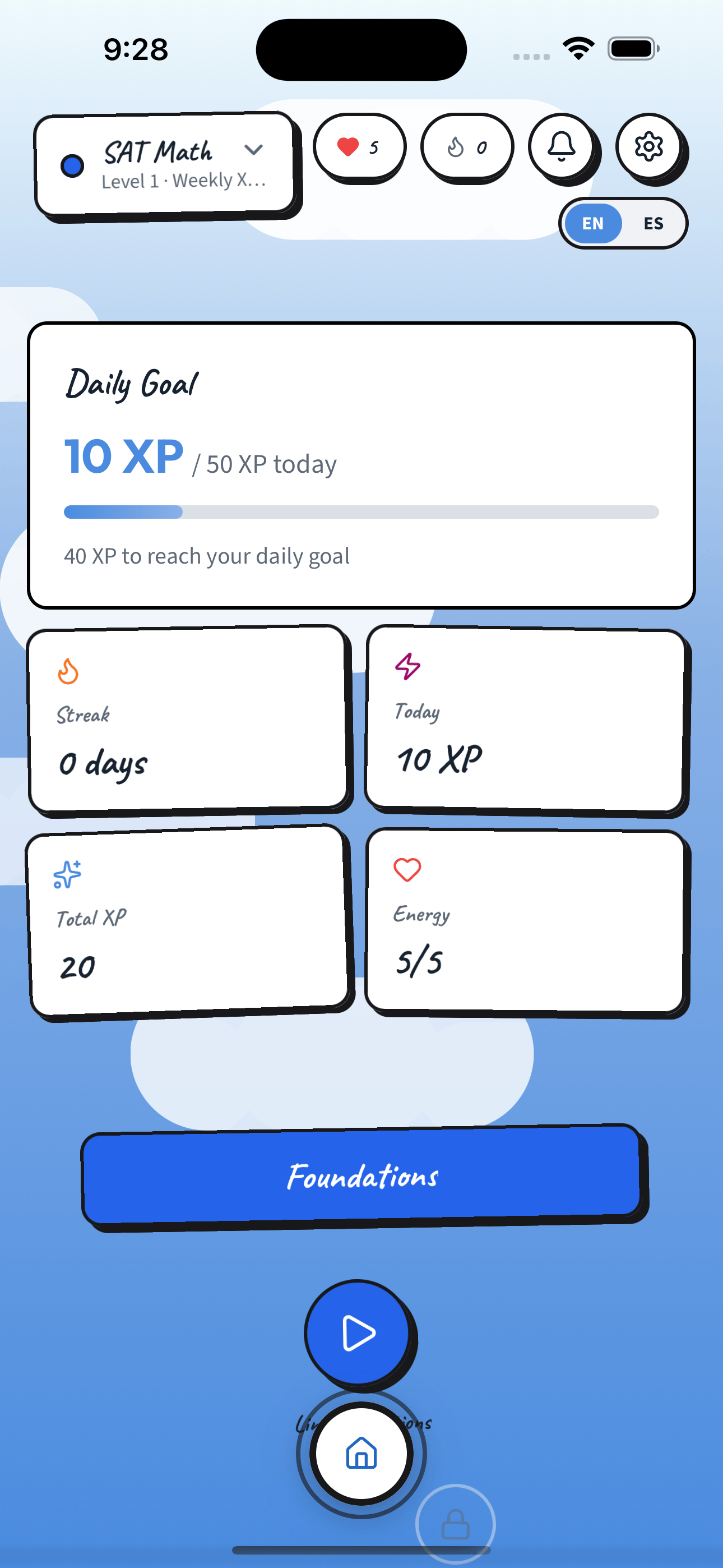 Cima app dashboard showing daily goal, streak, and XP