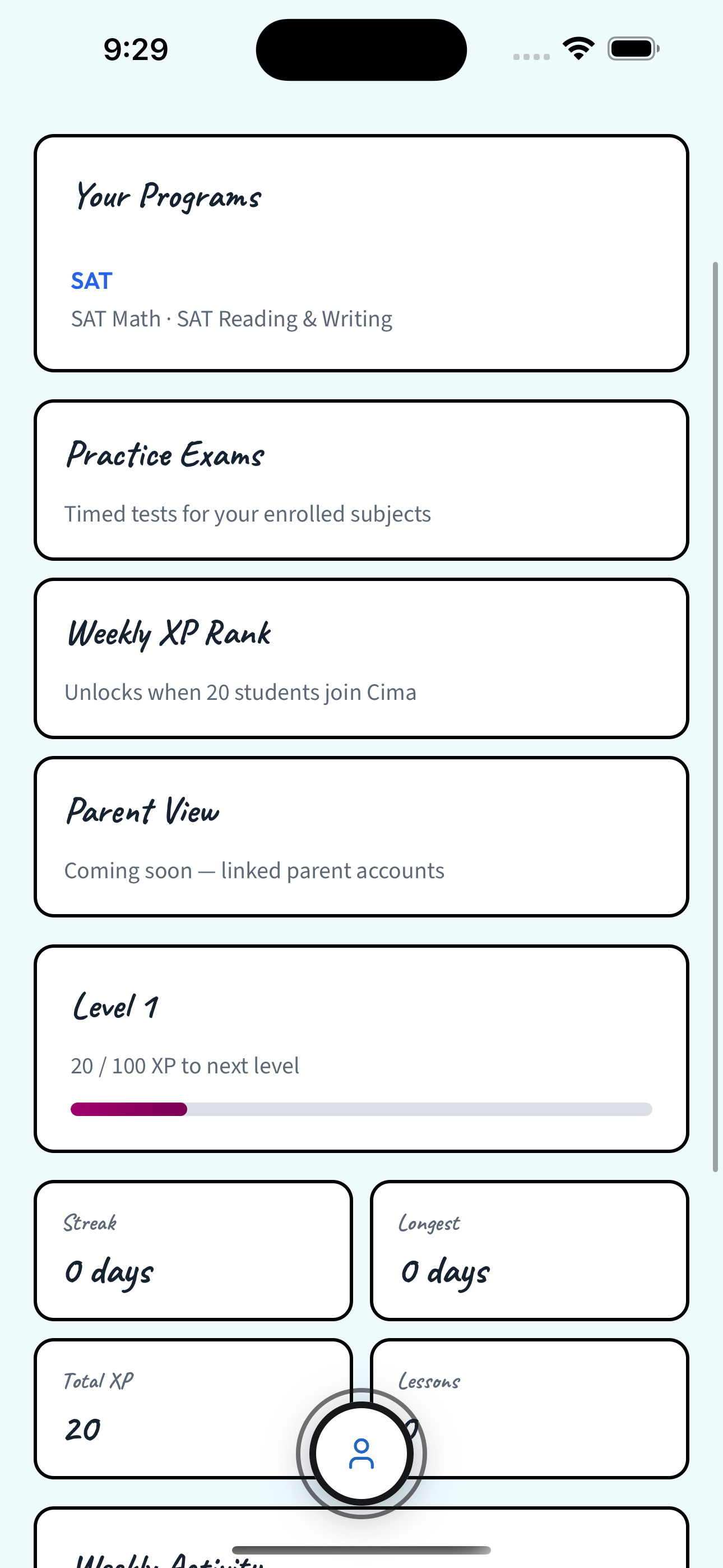 Cima progress, level, and streak tracking